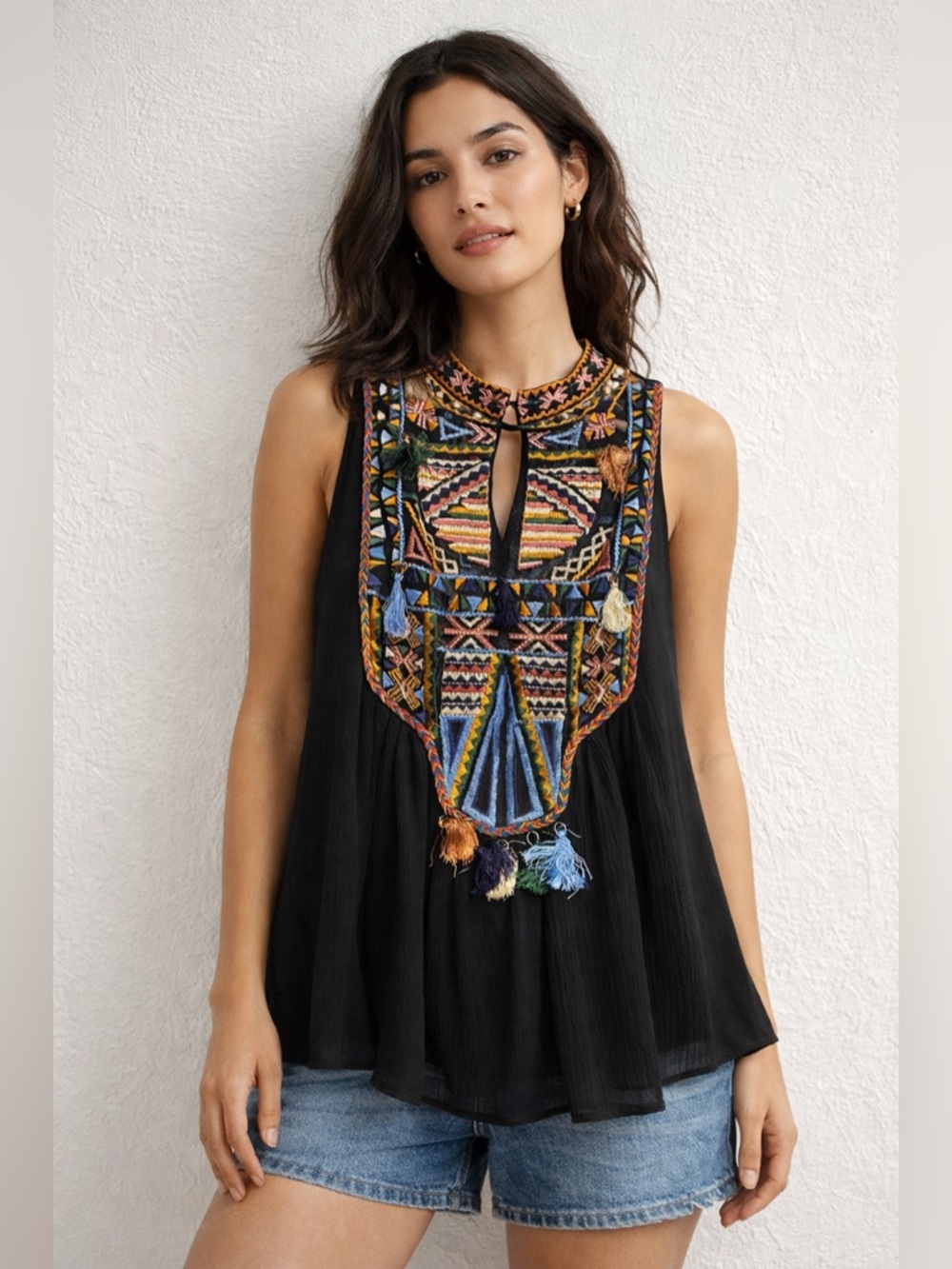 ZARA Woman Embroidered Boho Sleeveless Blouse Tassel Detail Size S - Picture 1 of 7